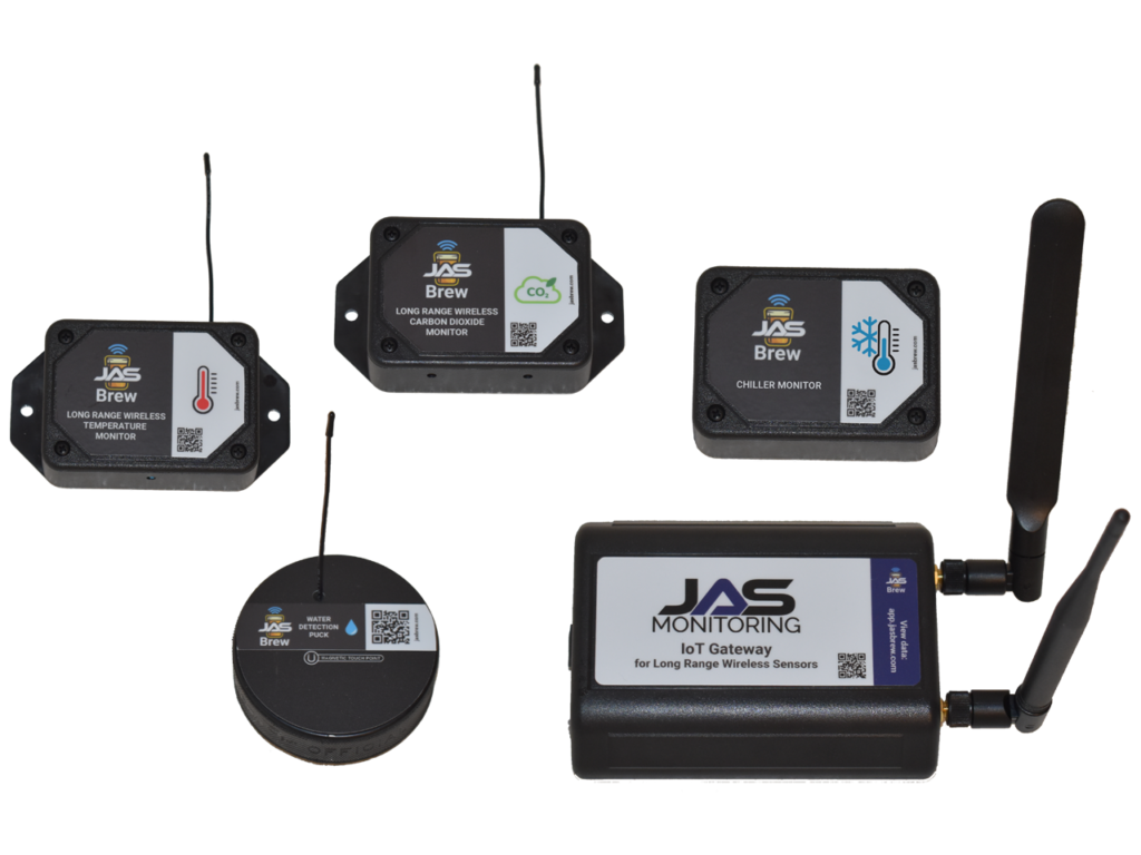 JAS Brew wireless sensor kit — temperature, CO2, water detection, chiller monitor, and cellular IoT gateway